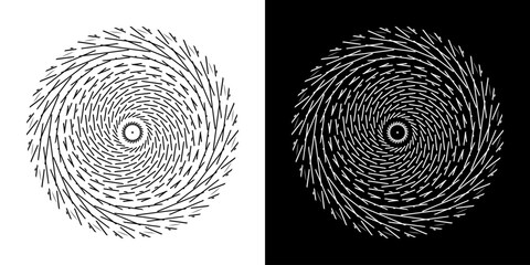 Abstract background with abstract line pattern in circles. Spiral art design as a logo or icon. A black figure on a white background and the same white figure on a black side. Mandala design with line