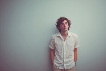 Obraz premium teenager with vacant glassy gaze stands against clean monochromatic background
