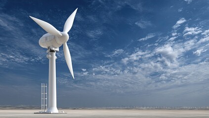 White wind turbine on a desert plain against a vibrant sky