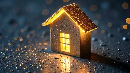 Transparent gold luminous symbol of house on dark background with golden glitter. Real estate, realtor, mortgage, insurance, booking, construction, insulation, heating.