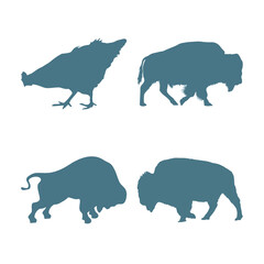 Vector art of a graphic design featuring silhouettes of a crow and three bison or buffalo, showcasing a variety of animal forms in a minimalist, flat style, isolated on a white background