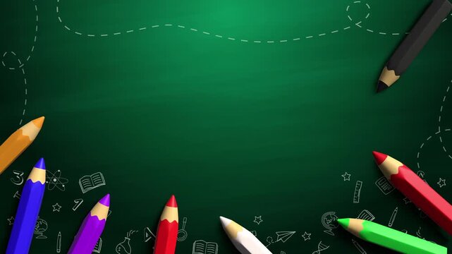 A set of colored pencil on green chalkboard background. Chalkboard with set of colored pencil. Back to school. Empty animated frame with space for text. Looped.