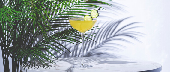 Enjoy cucumber gimlet cocktail drink with gin, syrup, lime juice and cucumber wheels. Marble table in elegant lounge with palm leaves