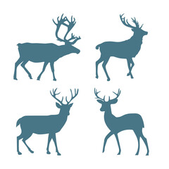 Vector art of group of deer silhouettes with impressive antlers, showcasing different poses and angles, isolated on white background
