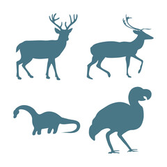 Vector art of diverse animal silhouettes including deer, a dinosaur, and a dodo bird, representing different eras and species, isolated on white background © mohsin