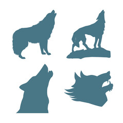 Vector art of collection of wolf silhouettes howling and in various poses, isolated on white background