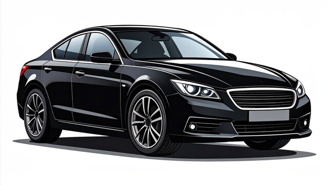 Modern black sedan illustration with sharp clean edges. Vector graphic of a luxury car with a solid fill, isolated on a white background for design.
