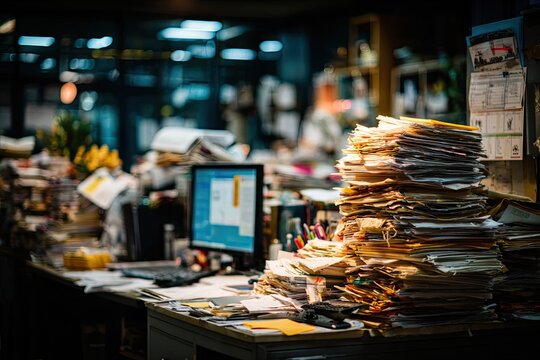 Cluttered office desk piled high with papers