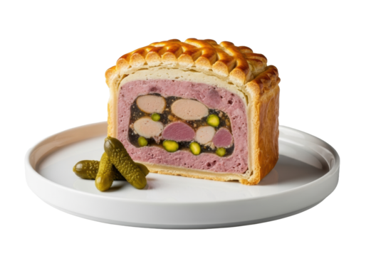 Meticulously cut pâté en croûte with intricate mosaic, golden pastry, cornichons on a white plate against transparent background, clean still life food photography concept.