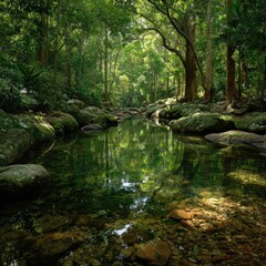 Fototapeta premium Crystal-clear stream reflecting lush forest canopy