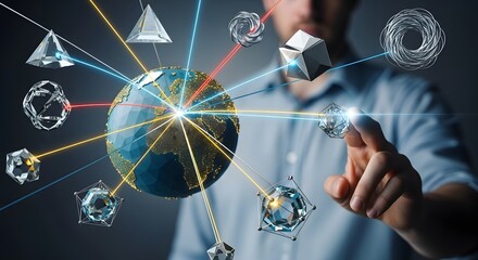 Futuristic concept of global networking and data communication with a man controlling a holographic Earth interface