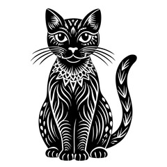 Obraz premium Ornate black cat silhouette illustration with elegant details perfect for design projects, showcasing a charming and artistic feline.