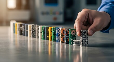 Engineer's hand initiating a domino effect with electronic circuit boards, symbolizing a chain reaction in the technology industry