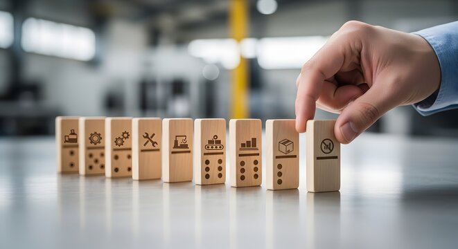 Strategic business planning and risk management concept, a hand stopping the domino effect to prevent a chain reaction