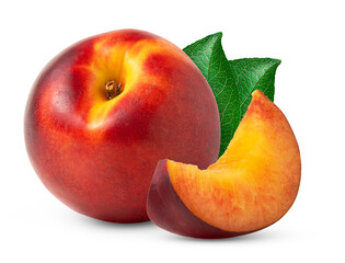 Nectarine fruit and slice with clipping path. Nectarine peach fruit and slice isolated with green leaf.