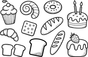 Cupcake croissant bread donut cake cookie swirl baguette strawberry vector