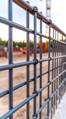 Close-up of a metal grid fence at a construction site