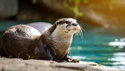Otter resting on rock by water
