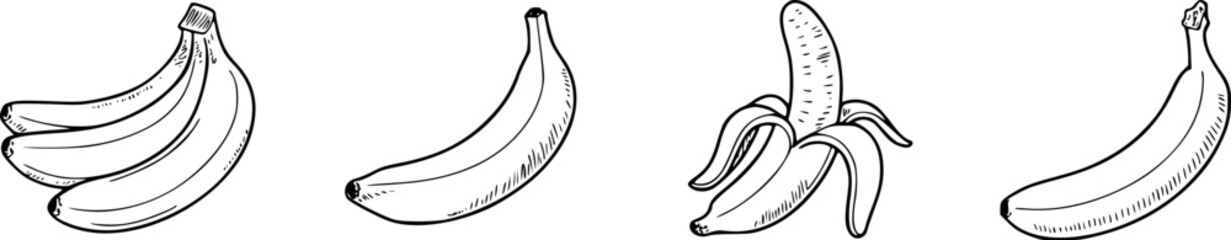 Four bananas one peeled bunch fruit food © Pixel Stock