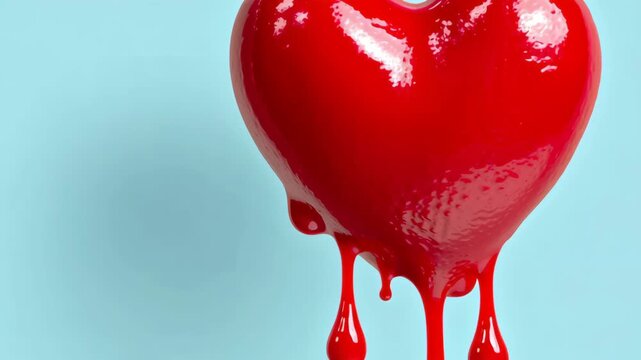 Red heart with red paint dripping from it. The heart is surrounded by a blue background. Concept of love and passion, as the heart is a symbol of love
