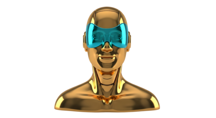 Golden mannequin head with visor isolated on transparent background for decoration