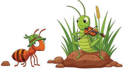 Ant and Grasshopper Illustration, Nature Scene, Ant Wearing Hat, Grasshopper Playing Violin, Vibrant Colors, Whimsical Insect Art, Adobe Stock Asset, SEO Optimized