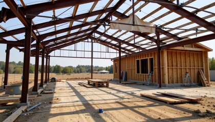 Fototapeta premium barndominium homes concept. Construction site with framework and wooden structure in progress.