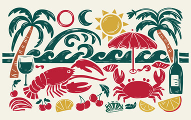 Stylized beach scene with palm trees, waves, sun, and moon. Lobster, crab, wine, cherries, lemon slices, and picnic elements evoke a festive, tropical vibe.