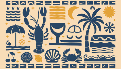 A playful beach-themed collage with blue and yellow icons like a lobster, palm tree, wine glass, crab, shells, sun, and waves on a beige background.