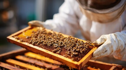 A beekeeper wearing protective gear examines a honeycomb frame full of bees in an apiary. The sun shines down, highlighting the busy atmosphere of the hive