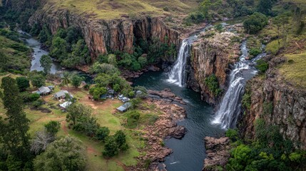 A stunning waterfall flows between rocky cliffs, surrounded by dense greenery. A tranquil campsite rests nearby, illuminated by soft morning light