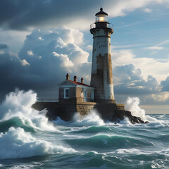 海岸に立つ古い灯台と荒々しい波が打ち寄せるシーン