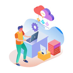 Man working on laptop with cloud data isolated on white background