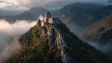 Obraz premium An ancient castle stands majestically atop a rocky summit, enveloped by fog and set against a backdrop of towering mountains. Soft morning light illuminates the landscape