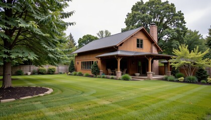 Obraz premium barndominium homes concept. Charming wooden house surrounded by lush green lawn and trees.