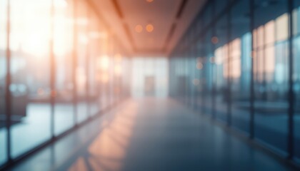Blurred corridor of a modern building with light coming through the glass walls and a smooth floor