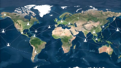 Global continents illustration with binary code on a blue background