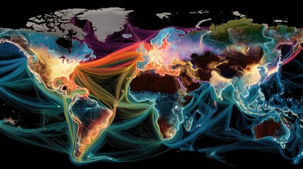 This visual represents a colorful map of the world showcasing global trade routes