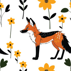 Obraz premium Playful Jackal And Floral Pattern Whimsical Animal Illustration For Textile Design And Childrens Prints Wallpaper Decorative Art