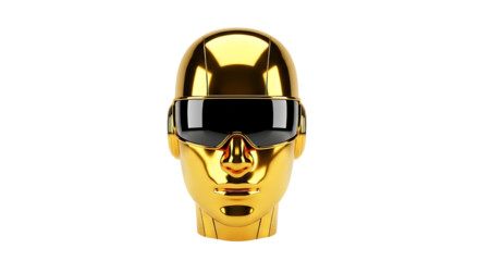 Golden robot head with black visor isolated on transparent background