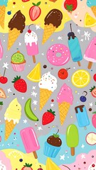 Colorful pattern of various ice cream treats, fruits, and sweets on a gray background
