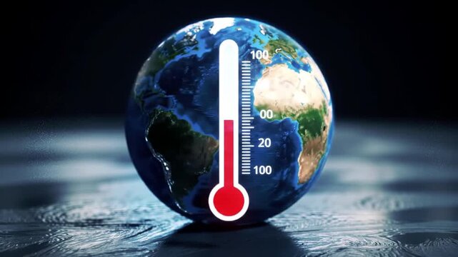 Blue Earth Globe with Thermometer Illustrating Rising Global Temperatures