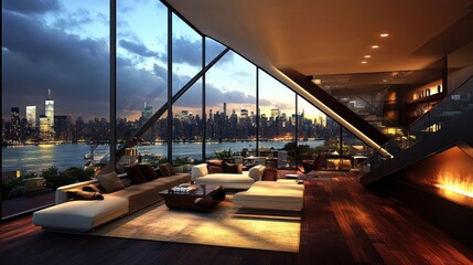Modern penthouse living room with city view