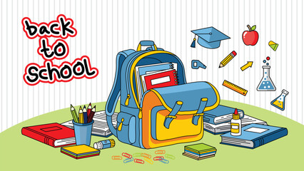Cartoon school backpack surrounded by books pencils graduation hat and science icons for education theme background. Education concept

