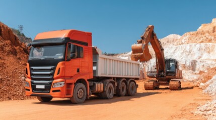 Orange truck and excavator loading quarry