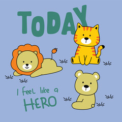 Cartoon lion tiger and bear sitting together on blue background

