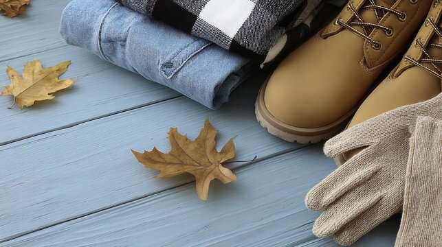 Autumn apparel on wooden surface jeans plaid shirt boots gloves and fall leaves - Powered by Adobe