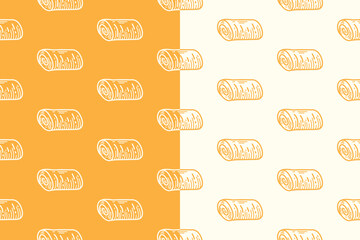 Egg roll line art seamless pattern on yellow white background. Rolled sponge cake engraving doodle pattern background. Sweet dessert pastry hatching motif wallpaper for packaging and merchandise