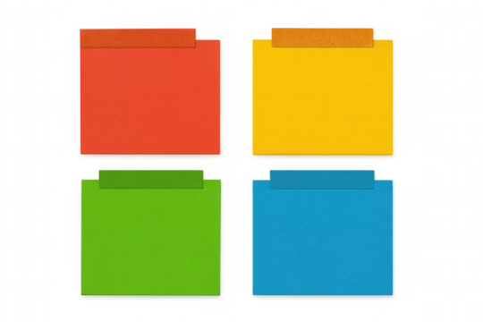 Four colorful sticky notes with a transparent background are ready for your text or design, perfect for reminders, lists, or creative projects