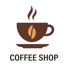 A modern coffee shop vector logo with a steaming cup and coffee bean, perfect for cafes, restaurants, and online coffee stores.